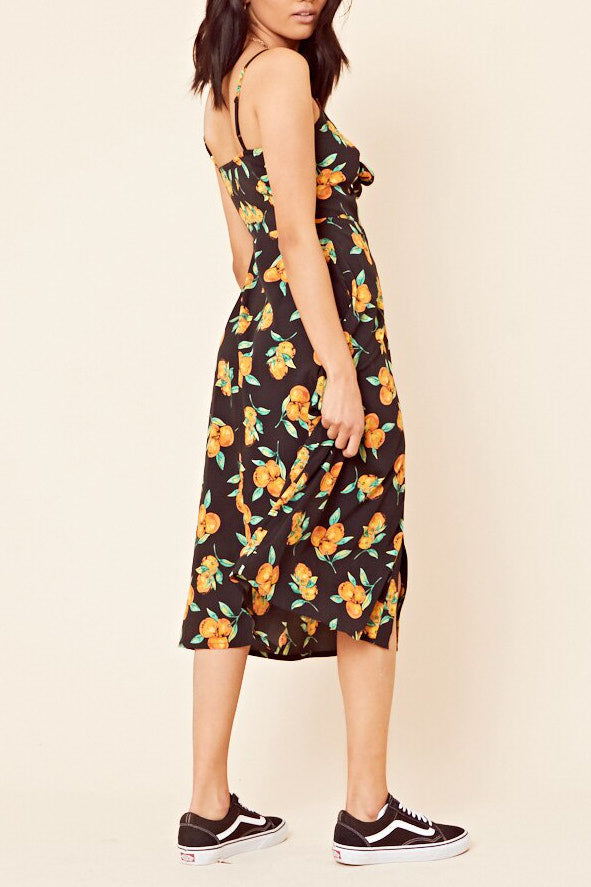 Black Orange Print Tie Front Cut Out Midi Dress
