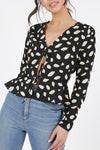 Black Abstract Print Tie Front Blouse