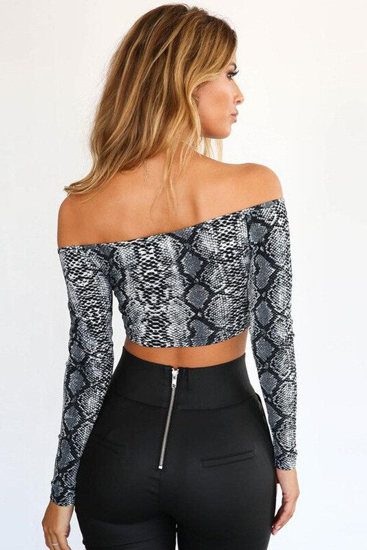 Grey Off Shoulder Snake Print Long Sleeve Crop Top