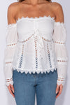 White Lace Trim Bardot Ruched Detail Top