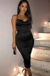 Black Satin Cowl Neck Bodycon Midi Dress