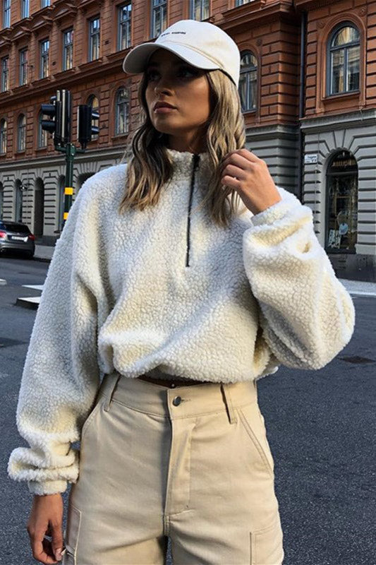 Cream Zip Front Cropped Teddy Pullover
