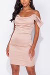 Nude Satin Pleated Cold Shoulder Mini Dress