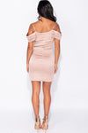 Nude Satin Pleated Cold Shoulder Mini Dress