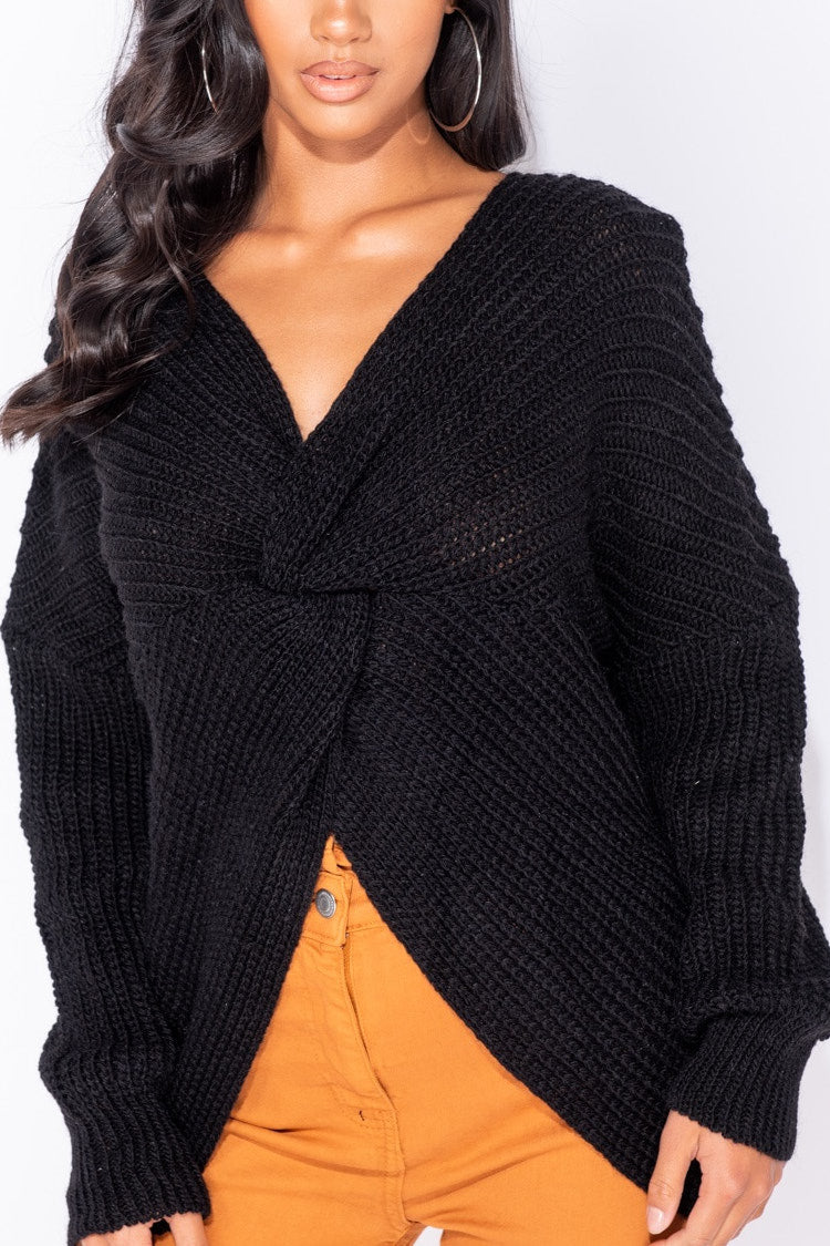 Black Twist Front Oversized Knitted Jumper