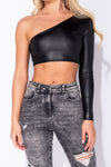 Black Wet Look One Shoulder Crop Top