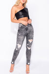 Black Wet Look One Shoulder Crop Top