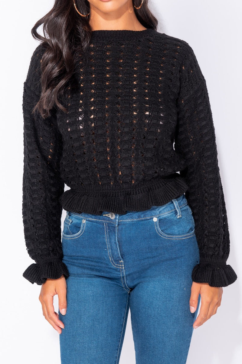 Black Pontelle Frill Hem Cropped Jumper