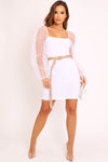 White Mesh Organza Polka Sleeve Ribbed Mini Dress