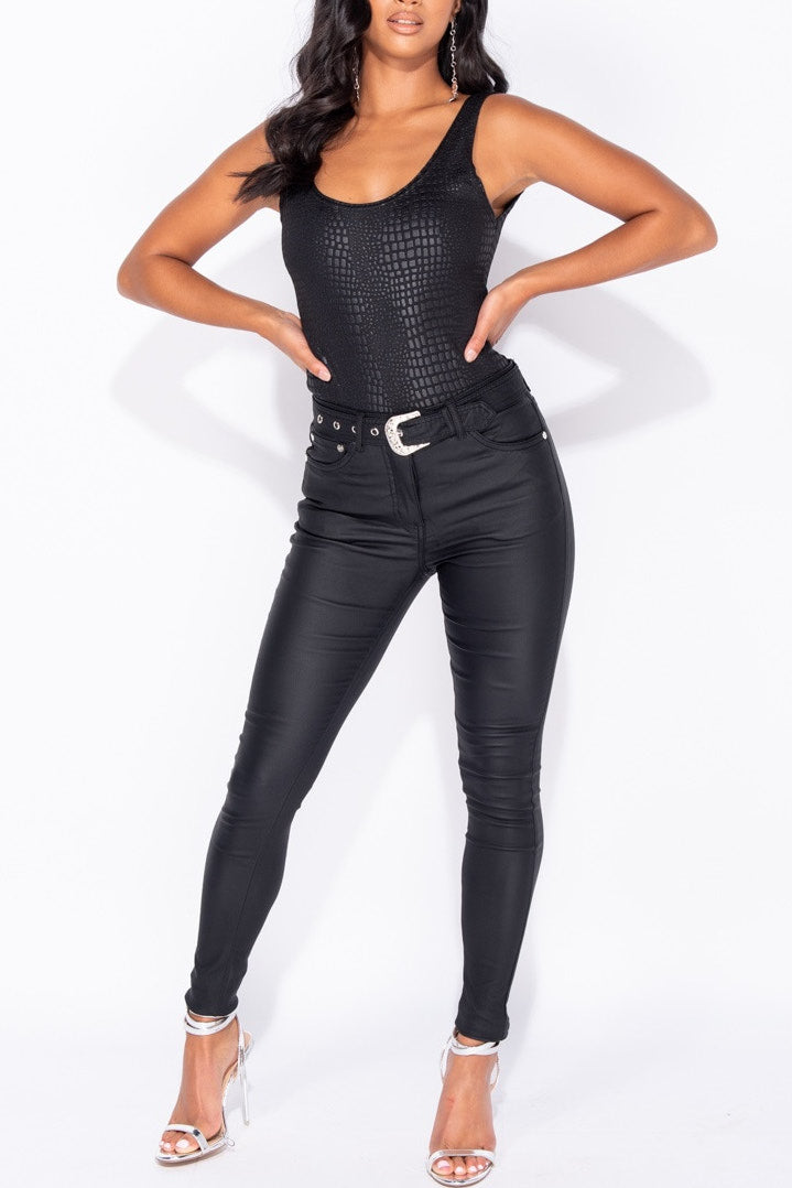 Black Crocodile Print Scoop Neck Bodysuit
