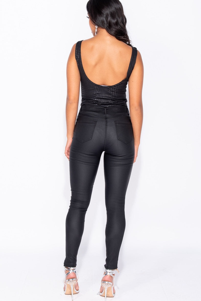Black Crocodile Print Scoop Neck Bodysuit