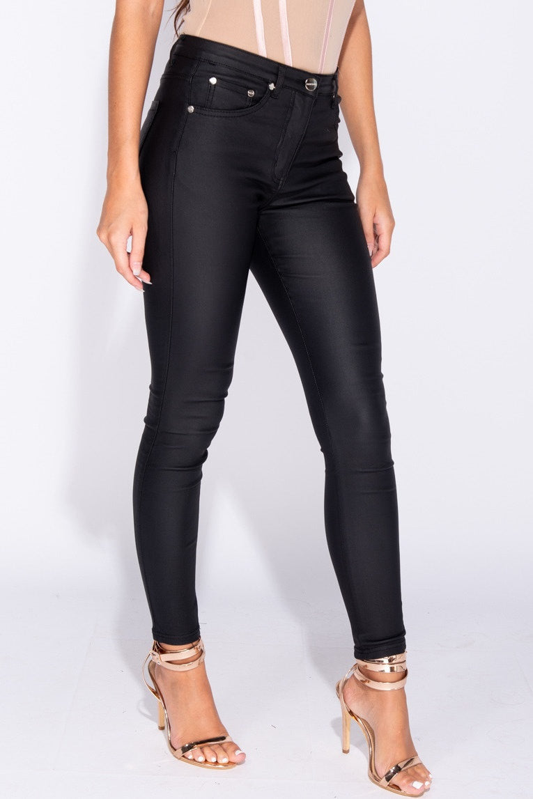 Black PU Coated Mid Rise Skinny Jeans