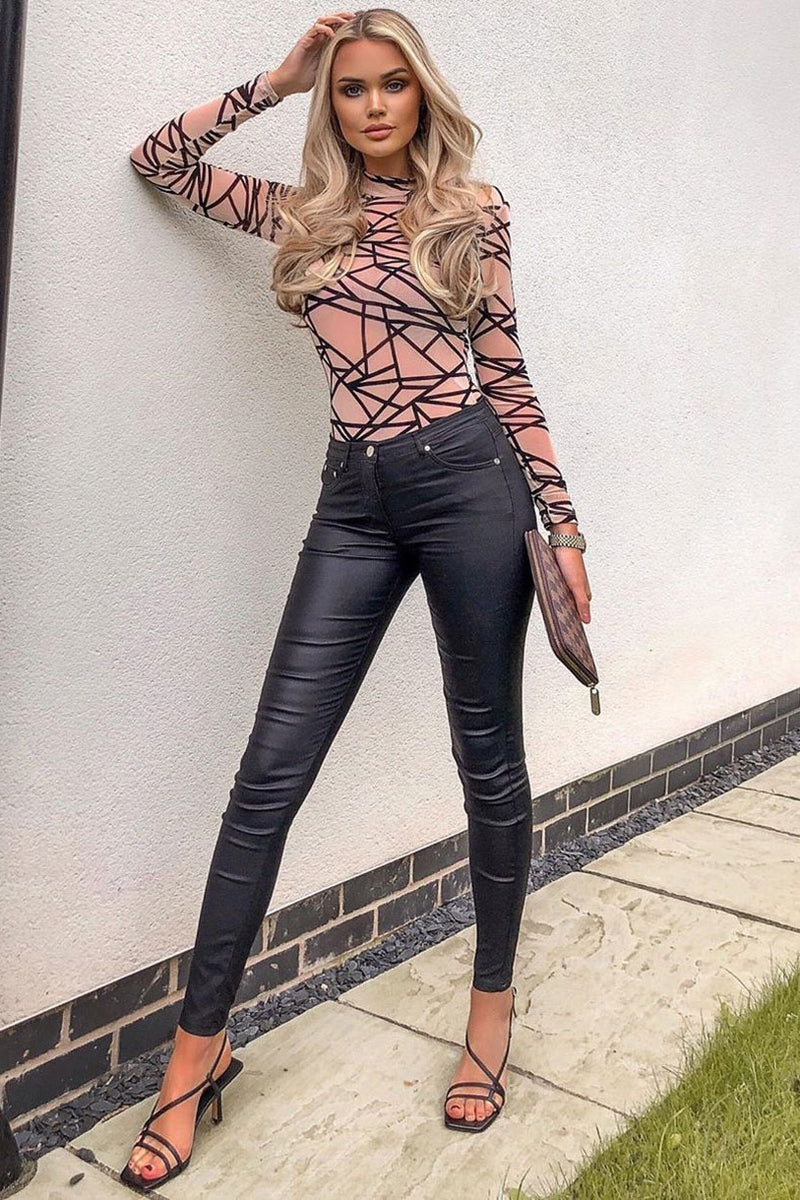 Black PU Coated Mid Rise Skinny Jeans