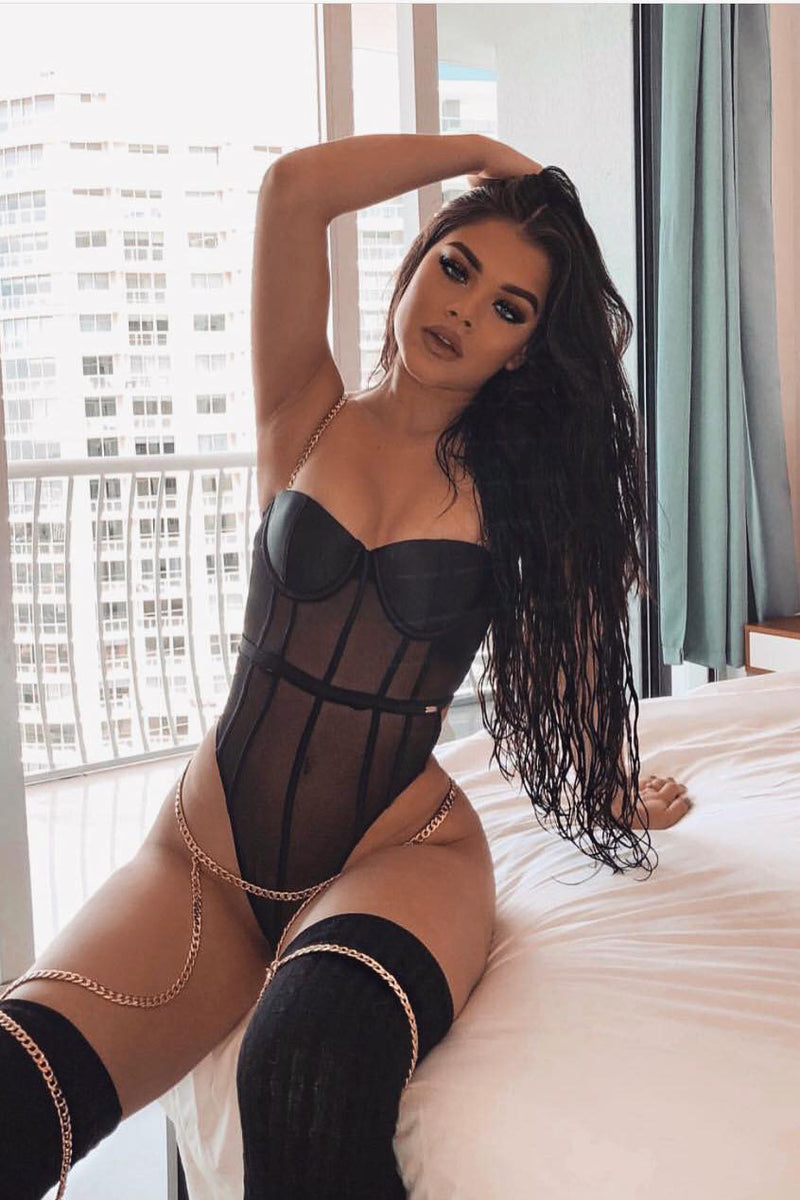 Black Gold Chain Satin Mesh Bodysuit