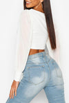 White Mesh Organza Puff Sleeve Crop Top