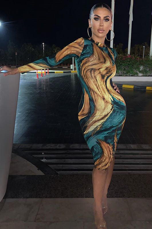 Green Printed High Neck Long Sleeve Midi Dress
