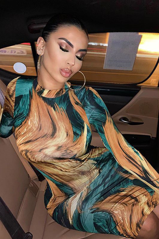 Green Printed High Neck Long Sleeve Midi Dress