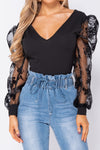 Black Floral Sheer Sleeve Plunge Bodysuit