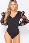 Black Floral Sheer Sleeve Plunge Bodysuit