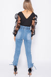 Black Floral Sheer Sleeve Plunge Bodysuit
