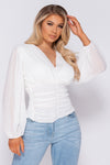 White Puff Sleeve Ruched Wrap Front Top