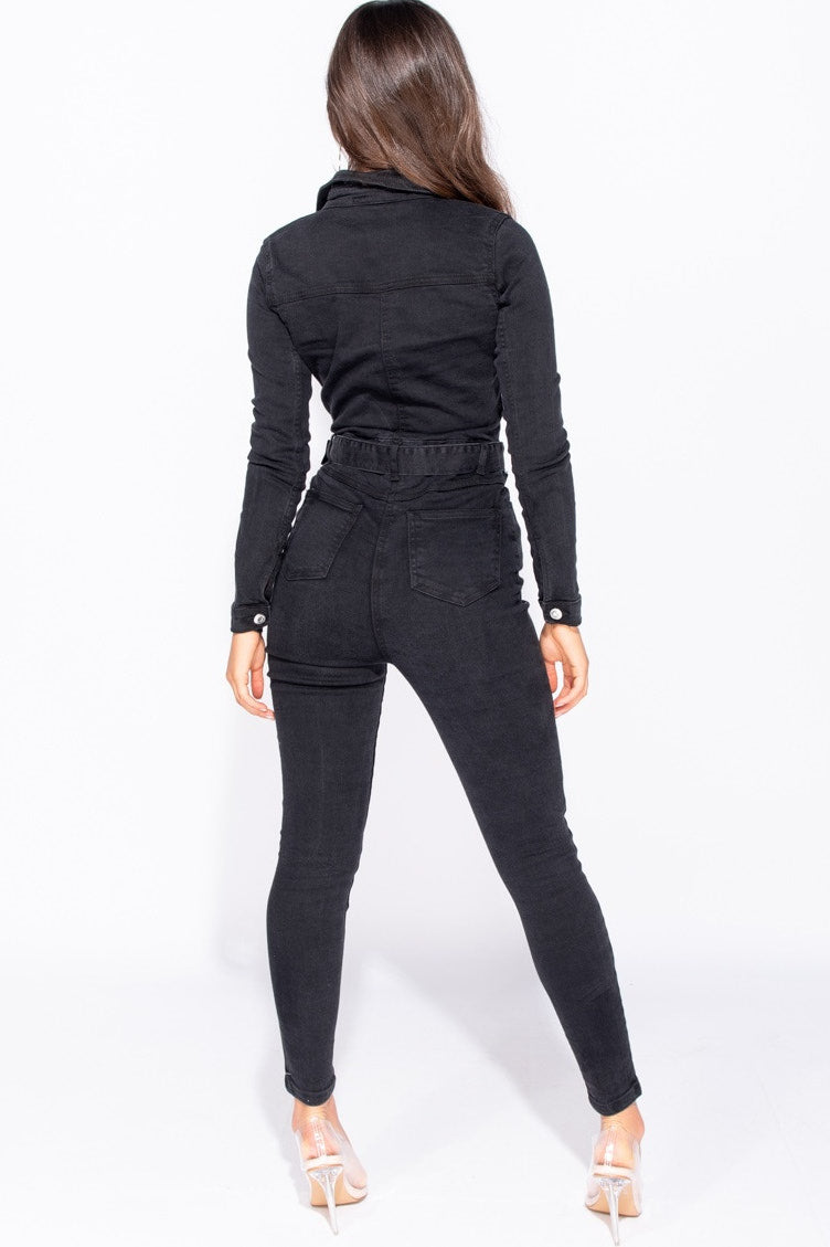 Washed Black Denim Western Belt Jumpsuit