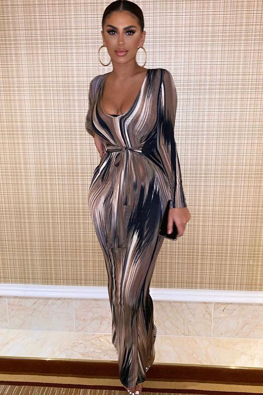 Brown Printed Plunge Tie Front Maxi Dress