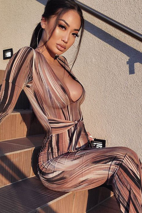 Brown Printed Plunge Tie Front Maxi Dress