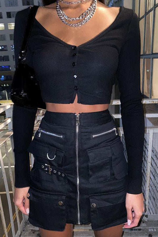 Black Ribbed Long Sleeve Cropped Cardigan