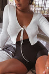 White Tie Front Ribbed Cropped Cardigan
