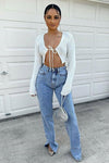 White Tie Front Ribbed Cropped Cardigan