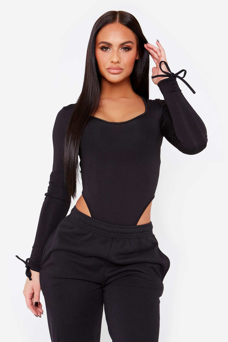 Black Ruched Sleeve High Leg Bodysuit