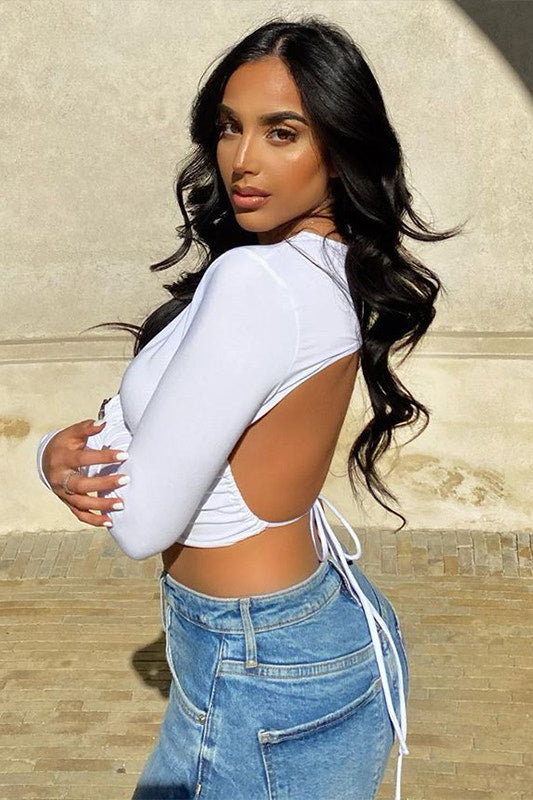White High Neck Tie Back Crop Top