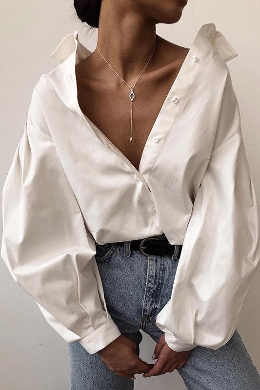 White Puff Sleeve Button Front Shirt