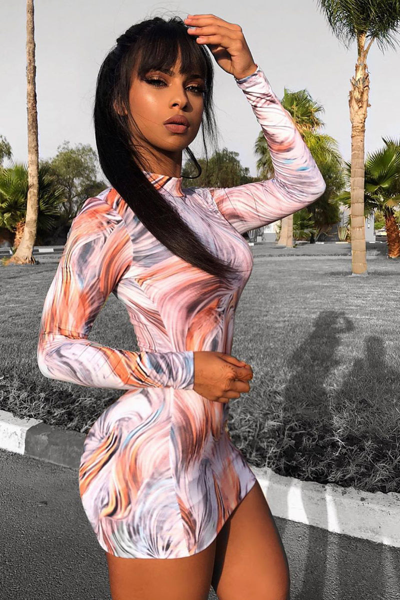 Multi Print High Neck Mini Dress