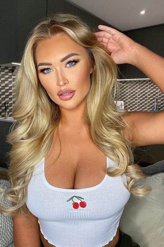 White Cherry Embroidered Ribbed Crop Top