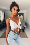 White Tie Front Lace Trim Crop Top