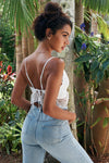 White Tie Front Lace Trim Crop Top