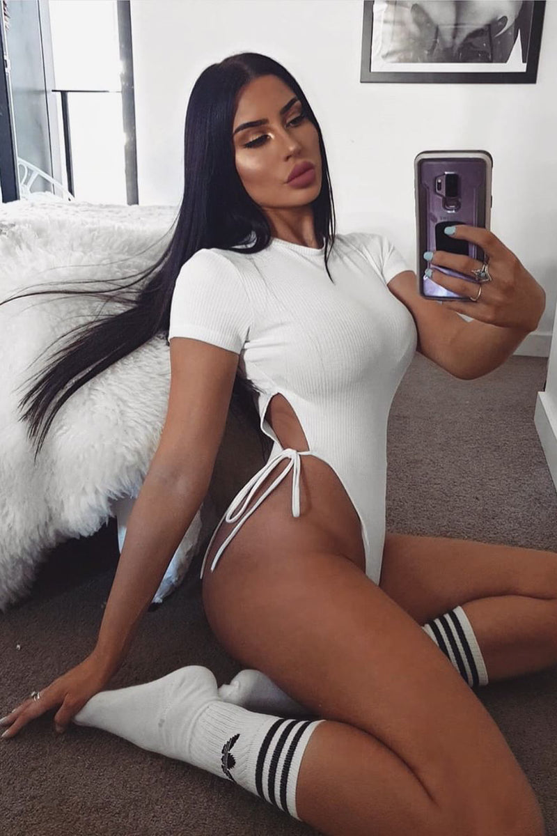 White Ribbed High Cut Side Tie Bodysuit