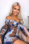 Blue Tie Dye Off Shoulder Ruched Dress