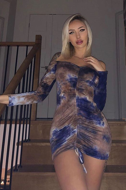 Blue Tie Dye Off Shoulder Ruched Dress