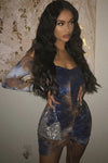 Blue Tie Dye Off Shoulder Ruched Dress