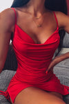 Red Satin Ruched Cowl Neck Mini Dress