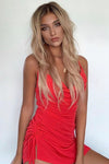 Red Satin Ruched Cowl Neck Mini Dress
