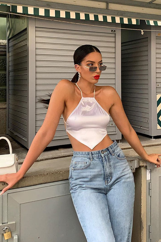 White Satin Backless Halterneck Crop Top