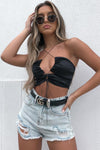 Black Satin Ruched Tie Front Crop Top