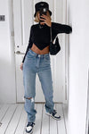 Black Ribbed High Neck Tie Back Crop Top