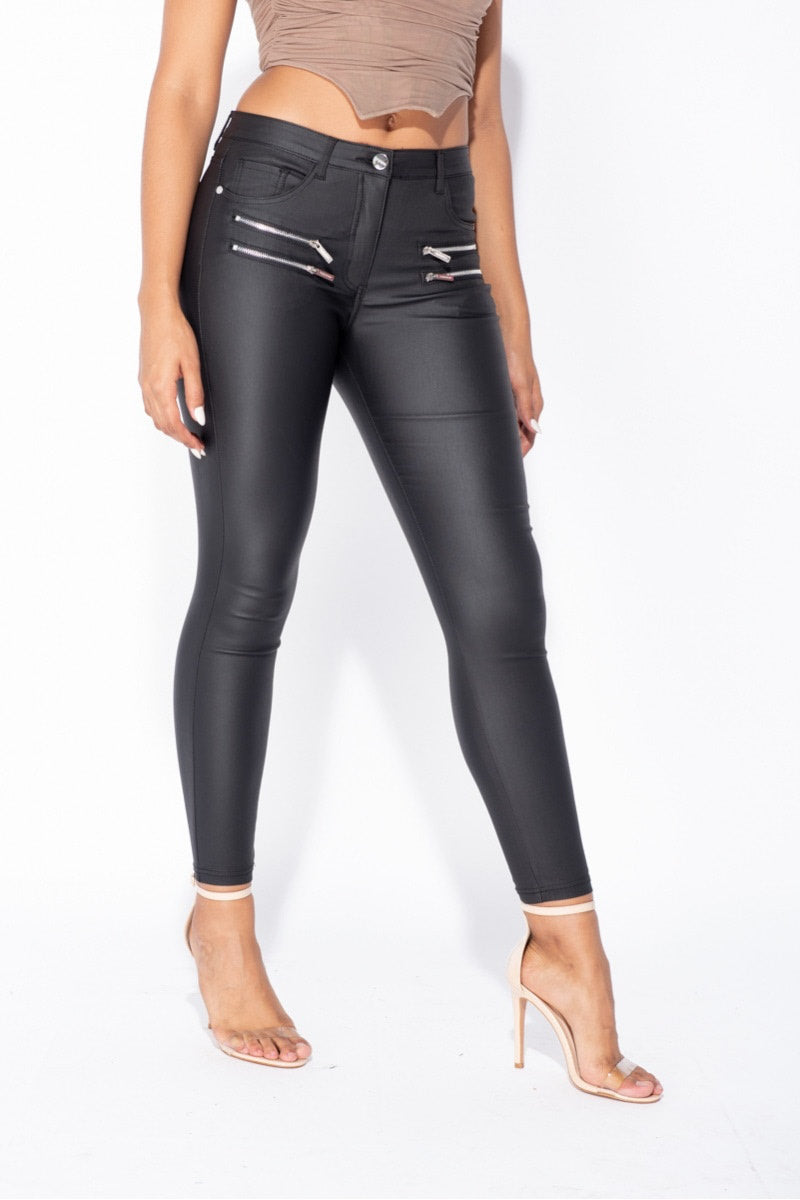 Black High Waisted Coated Zip Skinny Jeans