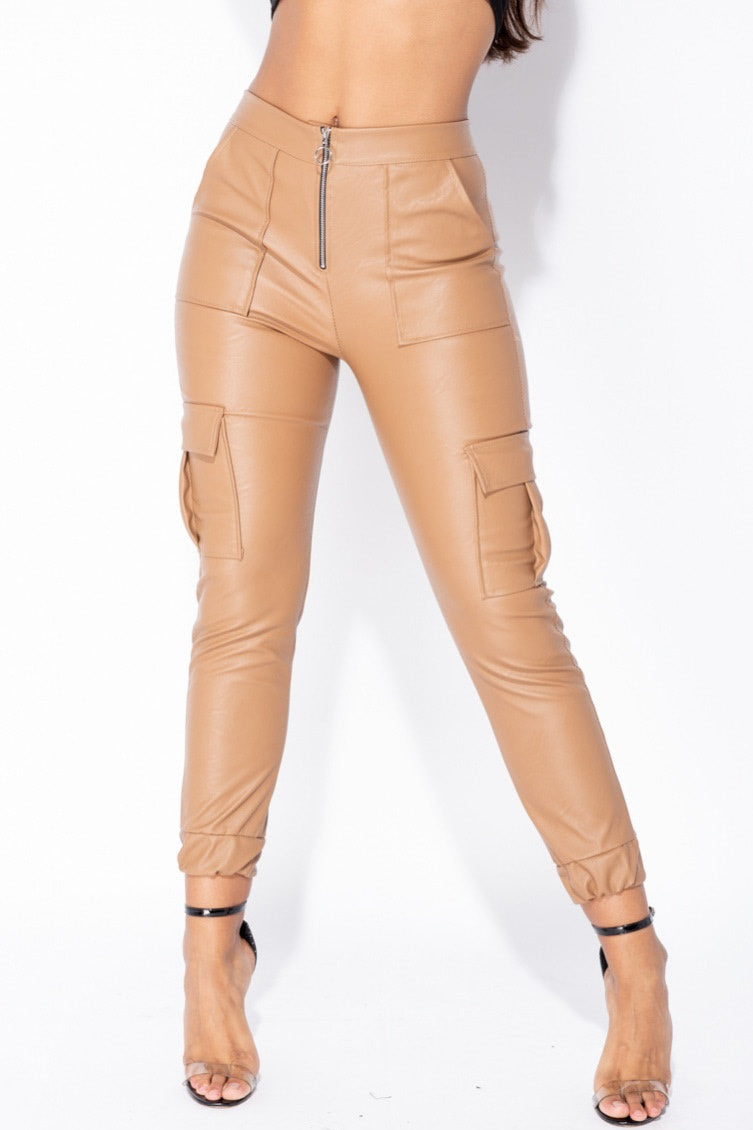 Tan Faux Leather Cuffed Cargo Trousers