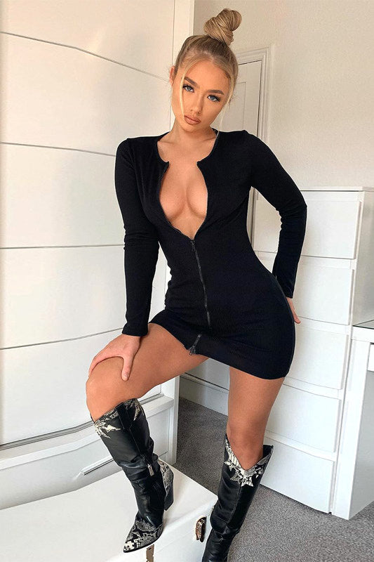 Beige Ribbed Double Zip Mini Dress